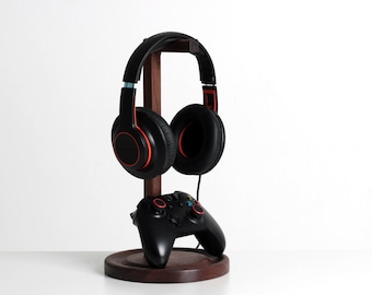 Wood headphone stand with Xbox or PS controller holder walnut, Personalized gaming setup