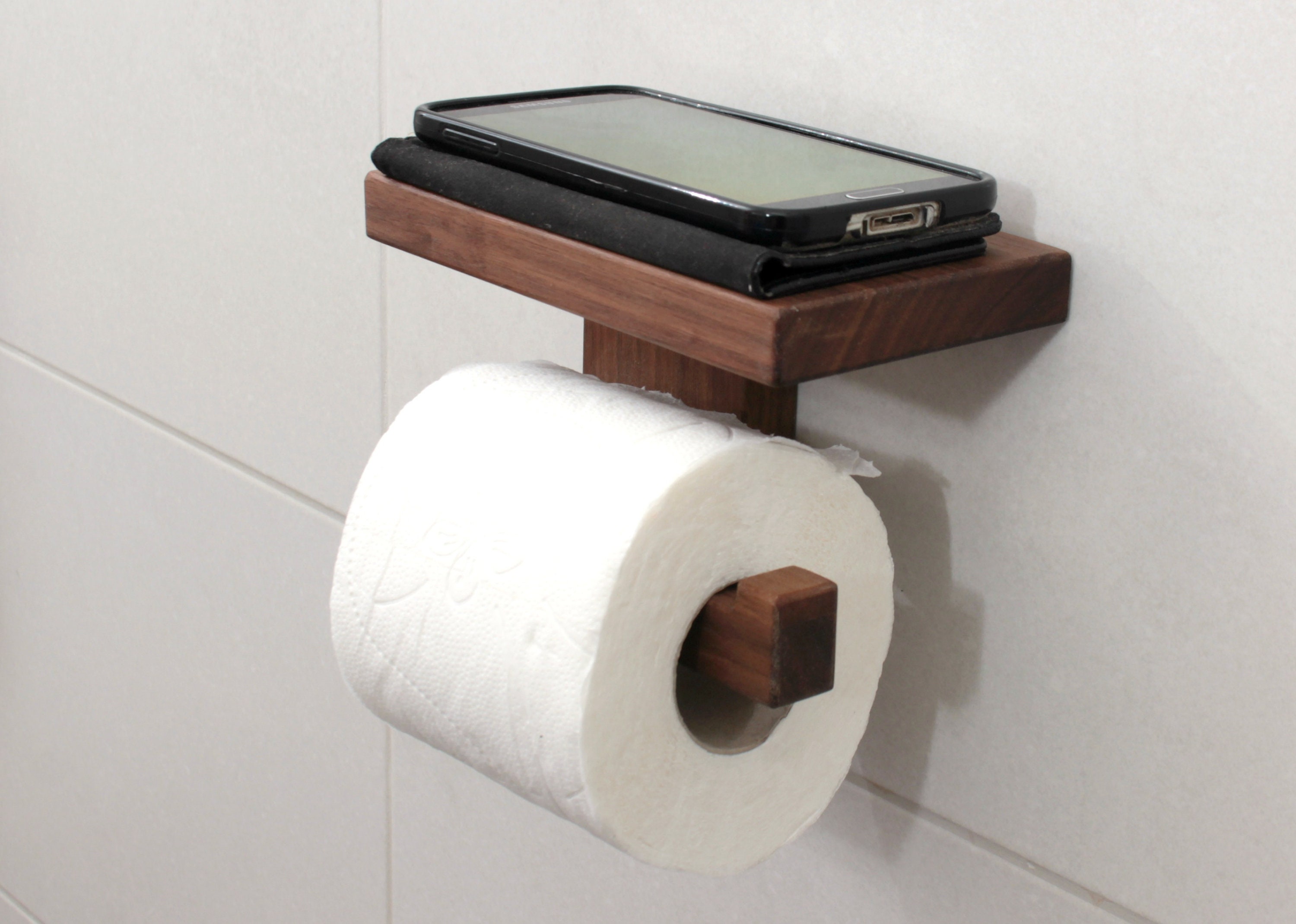 NiHome Toilet Paper Holder with Shelf for Bathroom Farmhouse Rustic Toilet Paper Roll Holder Wall Mount Rustproof Adjustable Easy Tear Walnut