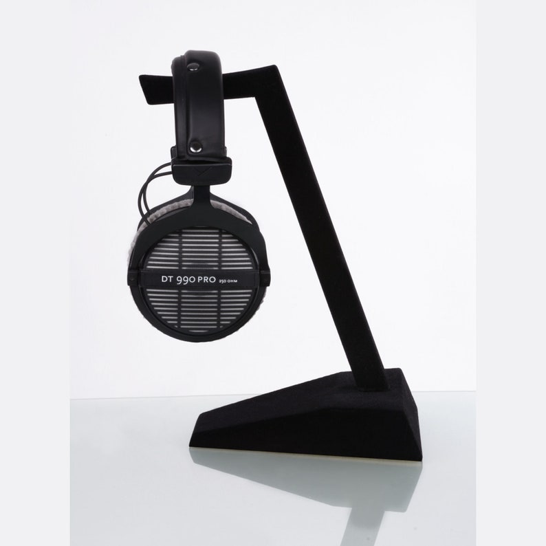 Handmade Minimalist Wood Headphone Stand with Deep Matte Black Flocked Surface image 1