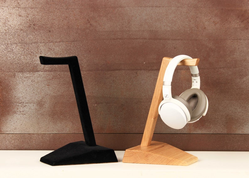 Handmade Minimalist Wood Headphone Stand with Deep Matte Black Flocked Surface image 5