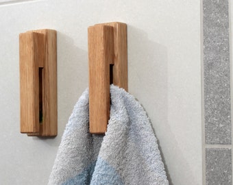 Oak Wood Wall Hook, Wooden Bathroom Towel Holder, Minimal Home Decor Kitchen Towel Rack
