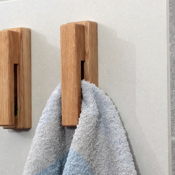 Oak Wood Wall Hook, Wooden Bathroom Towel Holder, Minimal Home Decor Kitchen Towel Rack