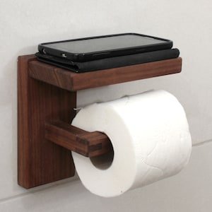 Portarotolo in legno con ripiano - Portarotolo in noce, arredo bagno minimale