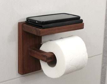 Wood Toilet Paper Holder with Shelf -  Walnut Toilet Roll Holder Minimal Bathroom Decor