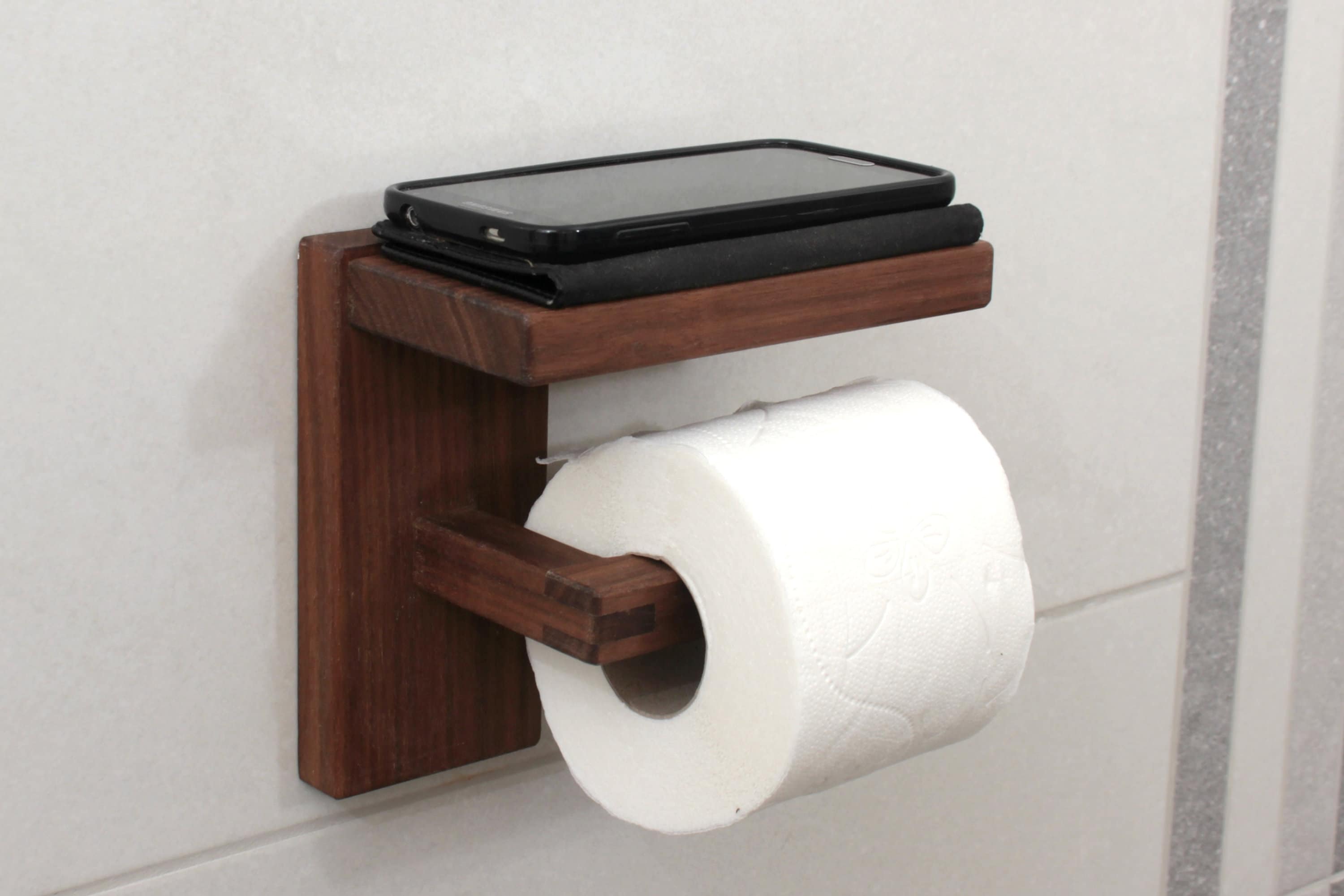 Wood Toilet Paper Holder With Shelf Walnut Toilet Roll Holder Minimal  Bathroom Decor 