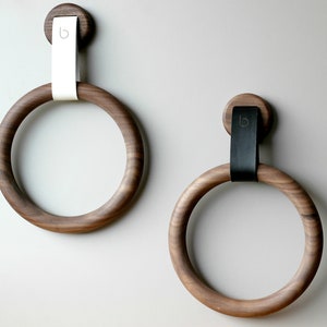 Walnut Wood Towel Ring, Leather Strap, Modern Bathroom Decor