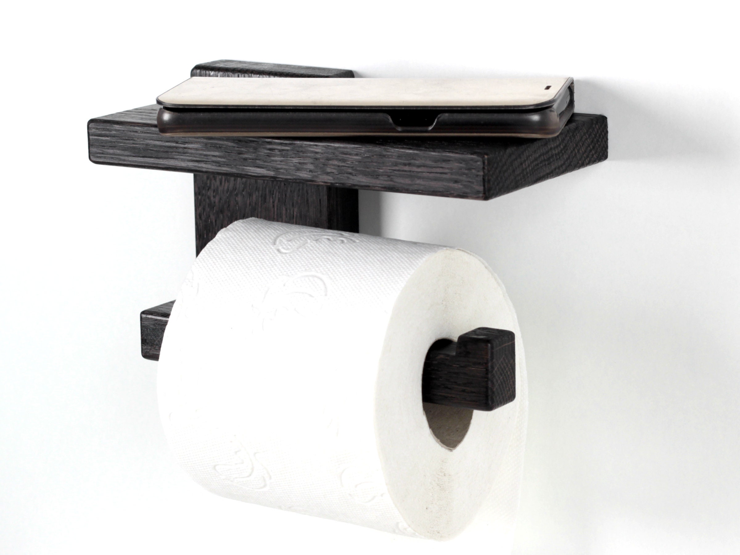 Black toilet paper holder with shelf