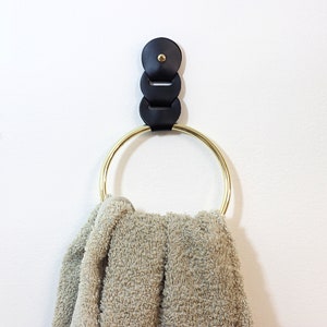 Hand towel ring, Gold metal ring and leather strap towel holder, Modern bathroom decor. tea towel holder image 3