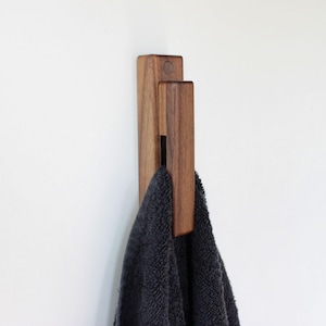 Wood Wall Hook NEW DESIGN with screws, Walnut Wooden Bathroom Towel Holder, Minimal Home Decor Kitchen Towel Rack