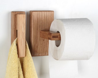 Toilet Paper Holder and Wood Towel Holder Bathroom Set Eco Friendly Gift - Oak