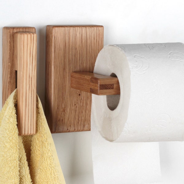 Porte-papier toilette et porte-serviettes en bois, ensemble de salle de bain, cadeau écologique - Chêne