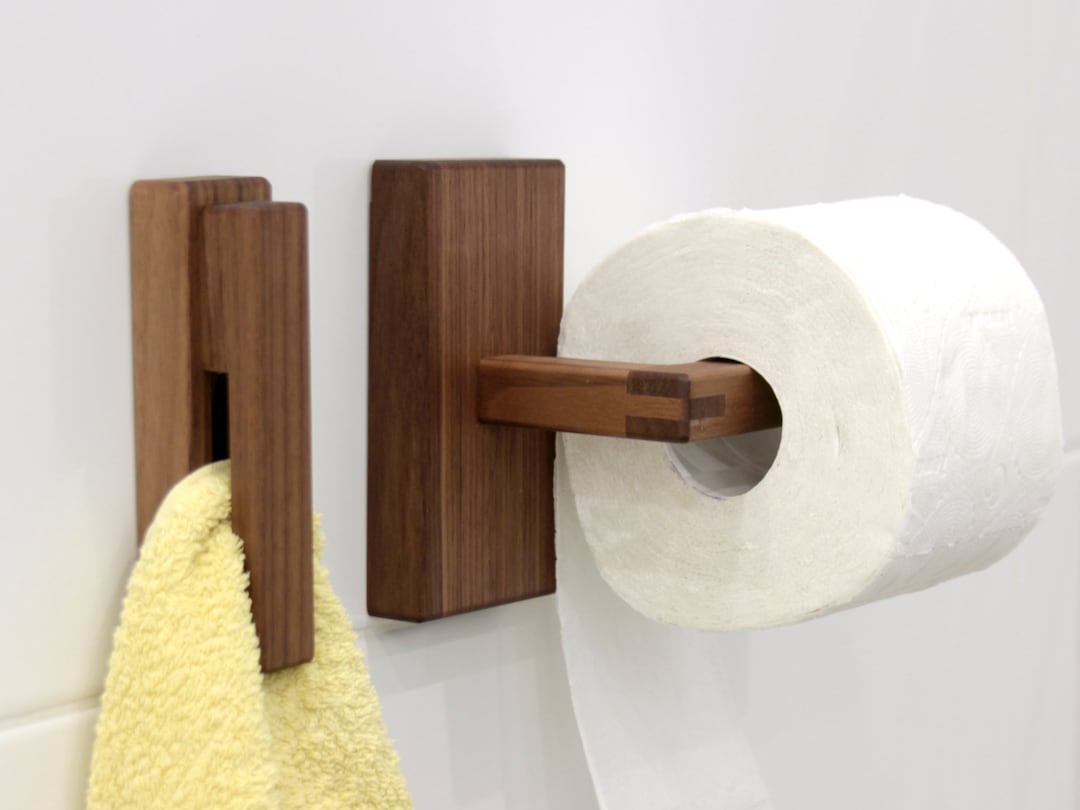 Walnut Toilet Paper Holder and Wood Towel Holder Bathroom Set