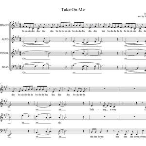 Pode incluir: Partitura da música "Take On Me" do A-ha, arranjada para soprano, contralto, tenor e baixo. A música inclui letras e notação musical.
