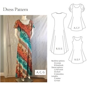 Puede incluir: Un patrón de vestido con tres estilos diferentes. El primer estilo tiene un escote de pico, mangas cortas y una longitud maxi. El segundo estilo tiene un escote de barco, mangas cortas y una longitud skater. El tercer estilo tiene un escote de pico, sin mangas y una longitud skater. El texto en la imagen dice: "Patrón de vestido", "Opciones de escote: A) pico B) barco", "Opciones de manga: C) círculo completo D) corto E) sin mangas", "Longitudes: F) skater G) maxi", "A, C, G", "B, D, G", "A, C, F", "A, E, F".