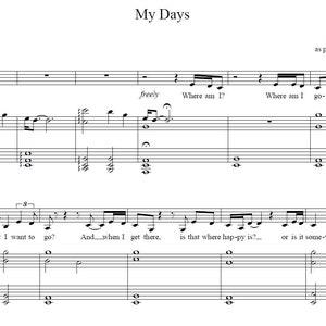 May include: Sheet music for the song "My Days" by Ingrid Michaelson, arranged by Saki the Artist. The music is written in the key of C major and features a simple melody with chords.