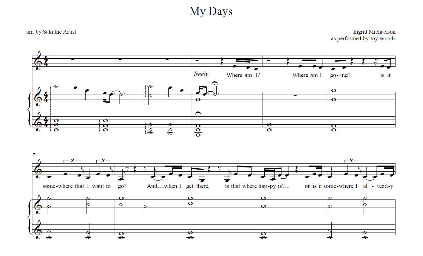My Days - The Notebook (Broadway) - Joy Woods - Ingrid Michaelson - Full Transcription - Voice & Piano Arrangement