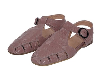 Handmade Shoes, Strappy Leather Sandals, Dusty Rose Leather Comfort Shoes, Square Toe Flats, Pink Fisherman Flat Sandals, ImeldaShoes