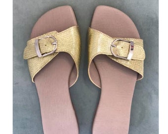 Vente! Sandales faites à la main d'été, sandales plates pour femmes, chaussures d'été colorées, glissades en cuir, sandales d'été plates, chaussures en cuir authentiques