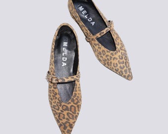 Olivia Leopard – Pointed-Toe Flats with Slim Strap, Brown Leopard Print Leather Handmade Shoes