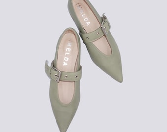 JOY Handgemachte Mary Janes oliv Schuhe