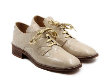 Oxford Shoes, Cream Leather Shoes, Tie oxford shoes, Handmade Leather Shoes, Cream Textured Oxford Shoes, Heeled Oxford Shoes