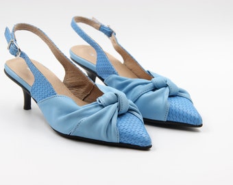 SALE! New Slip On Pumps Heels Shoes, Leather hand made heel sandals, summer shoes, Front knot, ankle strap, Blue Leather Heels