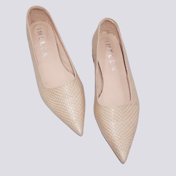 Handmade Shoes, Taupe Textured Leather Flats, Pointed Toes Shoes