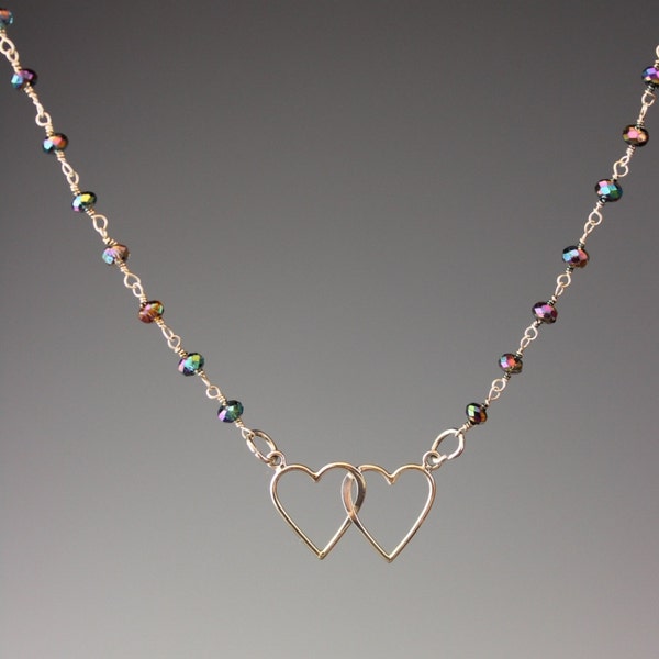 Sterling Heart Necklace, Valentine Gift, Valentine Jewelry, Pyrite necklace, Double heart necklace, sterling necklace, Twin Hearts
