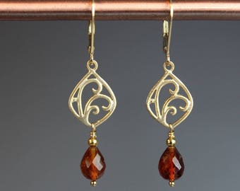 Garnet Earrings - Garnet Jewelry - Vermeil Gold Earrings - Hessonite Garnet - Garnet and Gold - Gemstone earrings - Garnet Waves