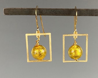 Venetian Glass Earrings - Murano - Gold Earrings - Square Earrings - Italian Glass Bead Jewelry - Gold Cage