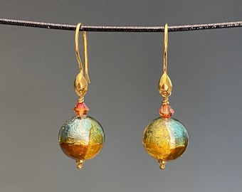 Venetian Glass Earrings - Venetian Glass Earrings - Autumn Jewelry -  Italian Glass - Patchwork Gold