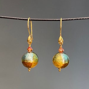 Venetian Glass Earrings - Venetian Glass Earrings - Autumn Jewelry -  Italian Glass - Patchwork Gold