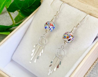 Murano Glass Earrings - Venetian Glass Jewelry - Multi Color Earrings - Sterling Fringe Earrings - Italian Jewelry - Confetti