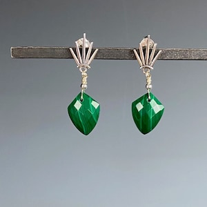 Malachite Earrings - Malachite Jewelry - Green Jewelry - Post Back Earrings - Art Deco Earrings - Crown