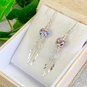 Venetian Glass Earrings - Venetian Glass Jewelry - Multi Color Earrings - Sterling Fringe Earrings - Italian Glass - Confetti