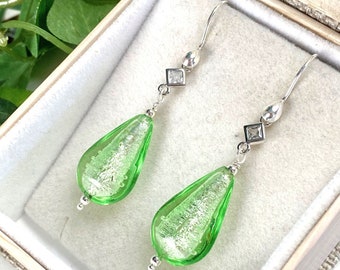 Murano Glass Earrings - Venetian Glass Jewelry - Italian Glass - Spring Green - Green Pear