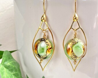 Murano Glass Earrings - Venetian Jewelry - Gold & Green - Statement Earrings - Holiday Jewelry -Italian Jewelry - Grassy Tear