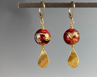 Murano Glass Earrings - Venetian Jewelry - Italian Jewelry - Gift - Red Leaf