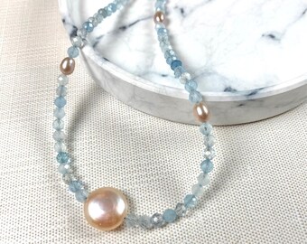 Aquamarine Necklace - Pearl Necklace - Aquamarine Jewelry - March Birthstone - Aqua Pearl