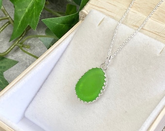 Green Sea Glass Pendant Necklace - Sea Glass Jewelry - St Patricks Day - Beachy Jewelry - Sea Glass Lover - Adjustable Chain -Green Sea Drop