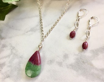 Ruby Zoisite Necklace Set - Ruby Jewelry - Ruby Pendant Necklace - Ruby Earrings - Holiday Jewelry - Ruby Drip