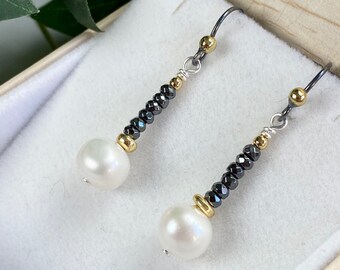 White Pearl Earrings - Hematite Jewelry - Mixed Metal Earrings - Black and White Jewelry - Metal Pearl Ear