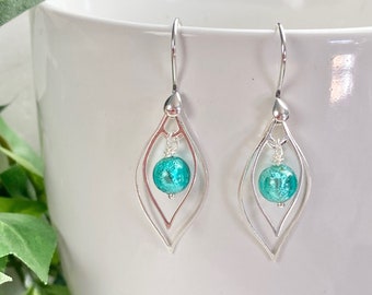 Murano Glass Earrings - Murano Jewelry - Venetian Jewelry -  Italian Jewelry - Teal Jewelry - Teal Leaf