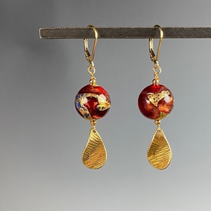 Venetian Glass Earrings - Venetian Jewelry - Italian Glass - Gift - Red Leaf
