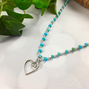 Sleeping Beauty Turquoise Chain Heart Pendant Necklace - Silver Heart Jewelry - Valentines Day Gift - Girls Jewelry - Turq Heart