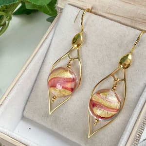 Venetian Glass Earrings - Venetian Jewelry - Italian Glass - Pink Gold