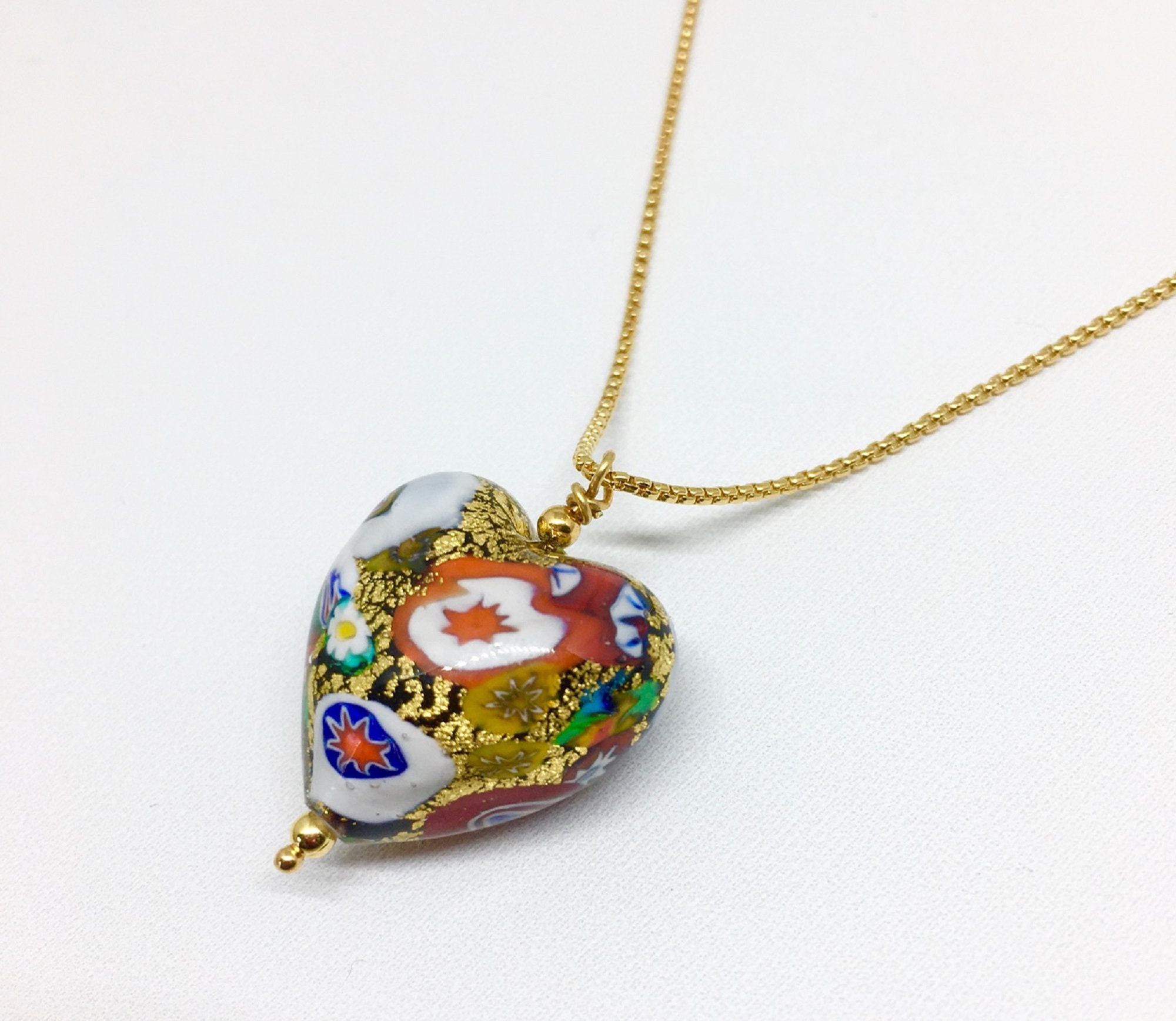 Venetian Murano Glass Heart Pendant Necklace Gold Heart Valentines