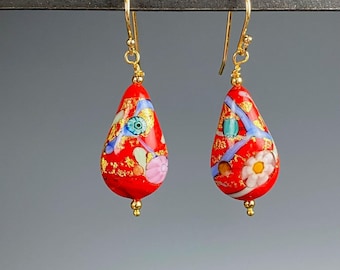 Venetian Glass Earrings - Murano Bead Jewelry - Red Earrings - Red Daisy