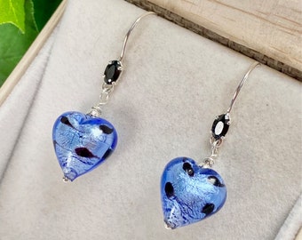 Murano Glass Earrings - Venetian Glass Jewelry - Heart Jewelry - Heart Blue