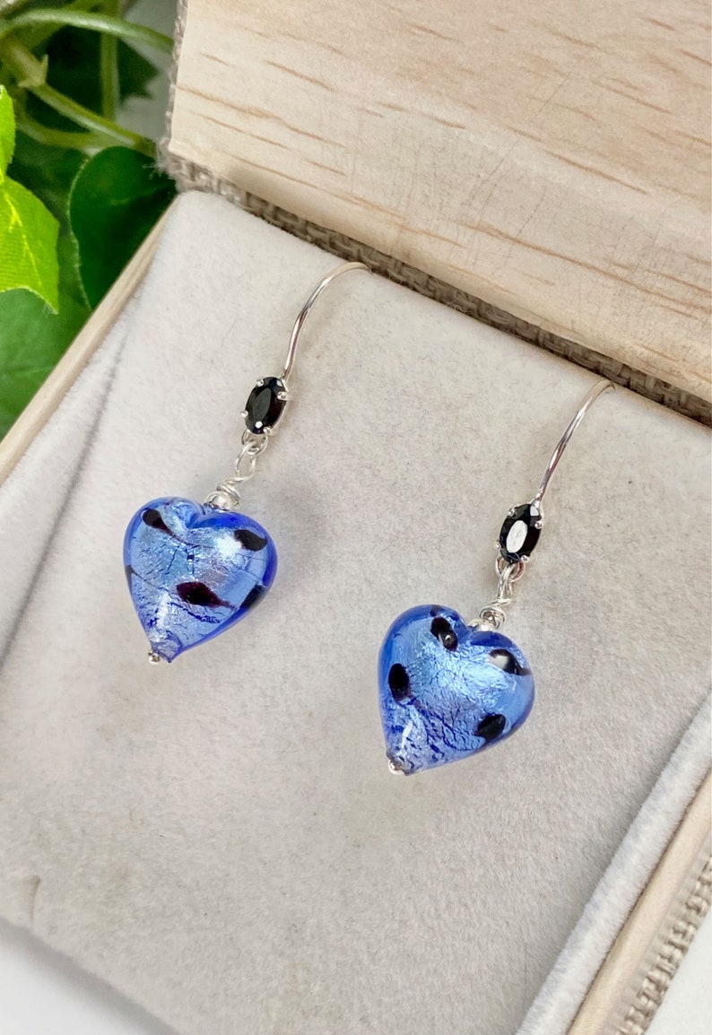 Murano Glass Earrings Venetian Glass Jewelry Heart Jewelry Heart Blue image 1